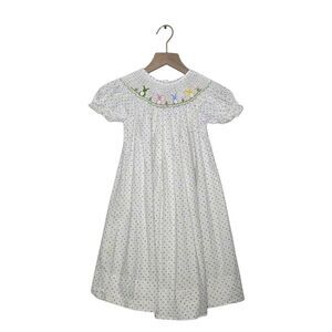 Delaney Girls Dress Size 4 Smocked Easter Bunny Polka Dots Button Back